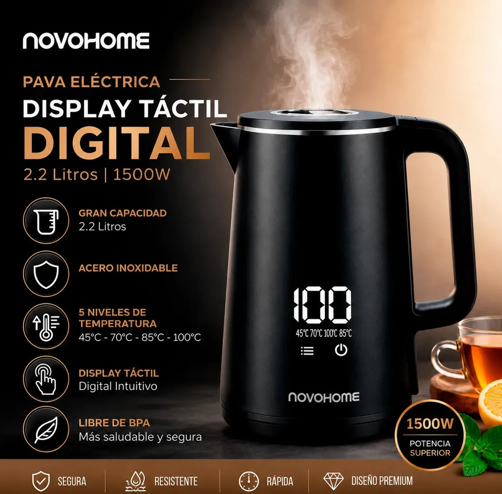Pava Eléctrica NovaHome 2L Digital Touch | 5 Temperaturas | Acero Inoxidable