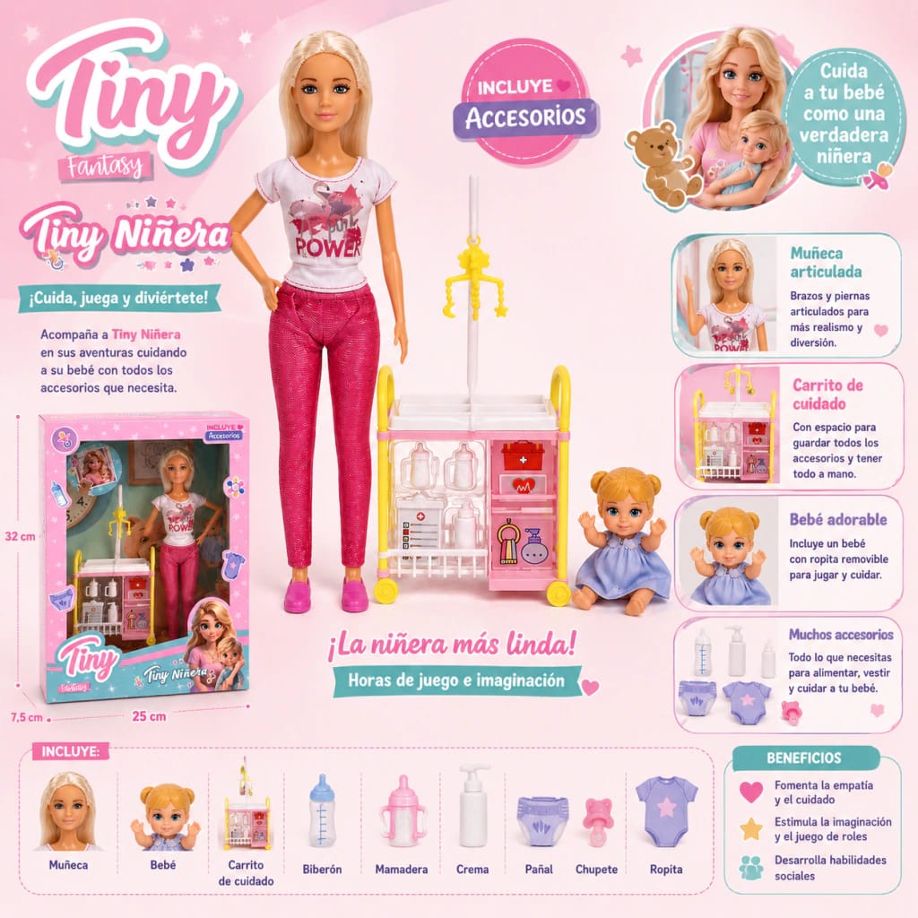 Tiny Niñera - Muñeca con Carrito de Cuidado y Accesorios