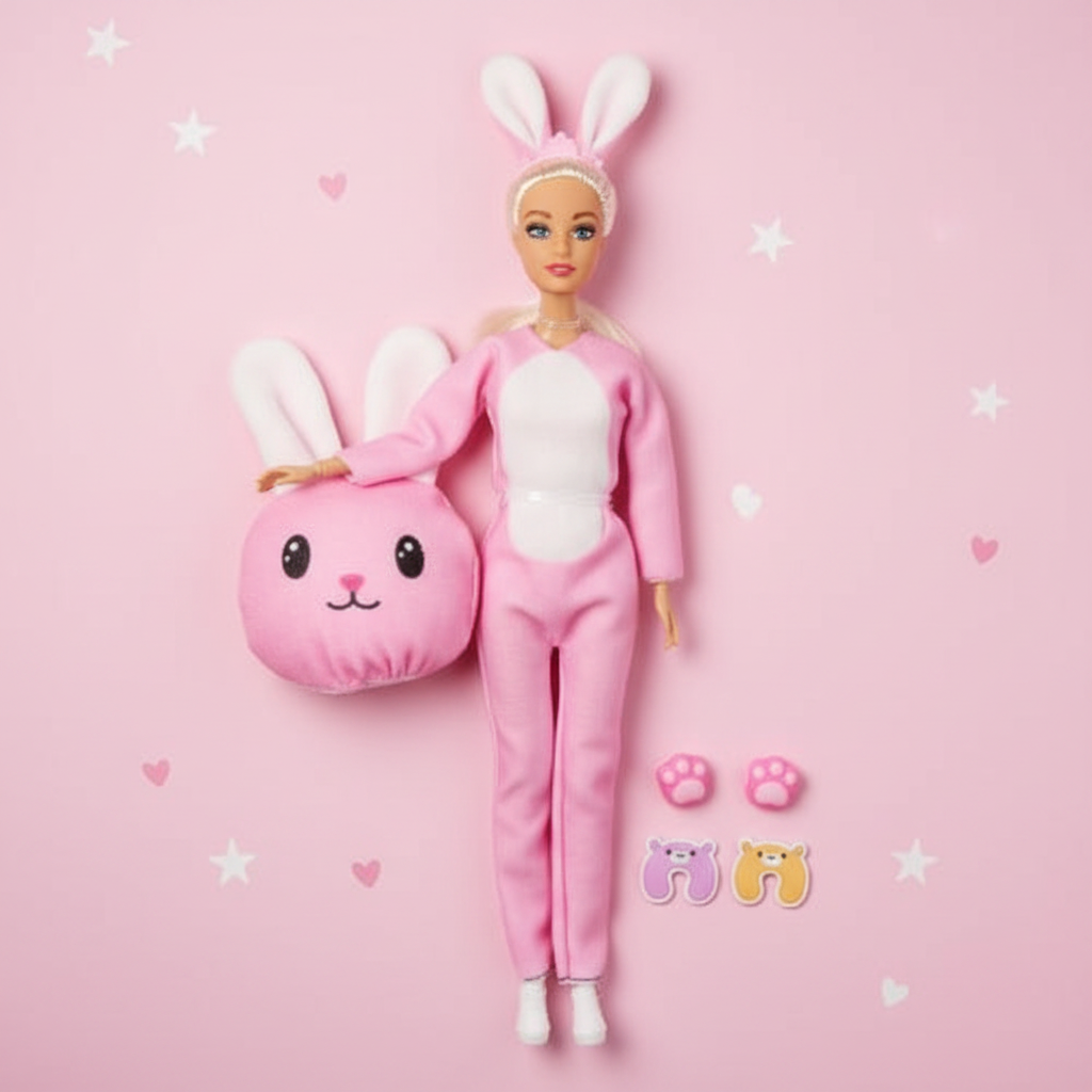 Muñeca con accesorios flat lay