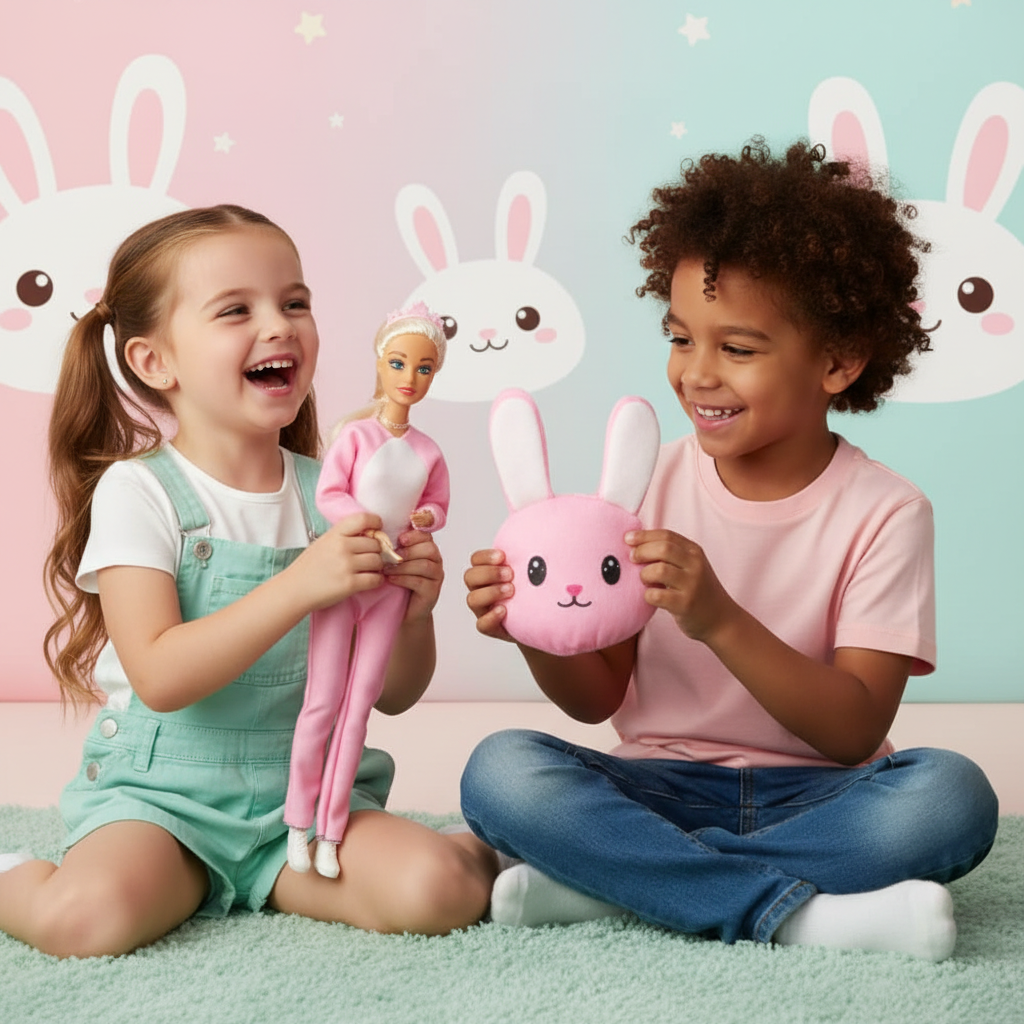Muñeca con niños jugando cuadrada