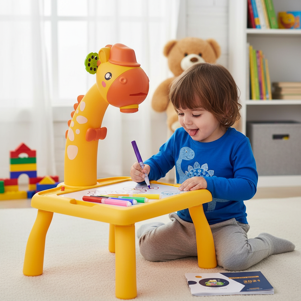 Nene dibujando con proyectora